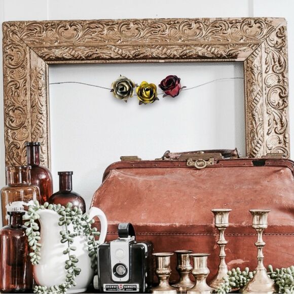 Rustic Painted Forged Metal Decorative Rose Bloom Trio in White Red Yellow - Picture 7 of 16